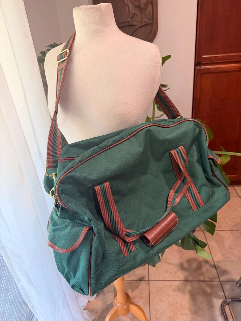 Polo Ralph Lauren Green Canvas Duffle Bag Leather Trim